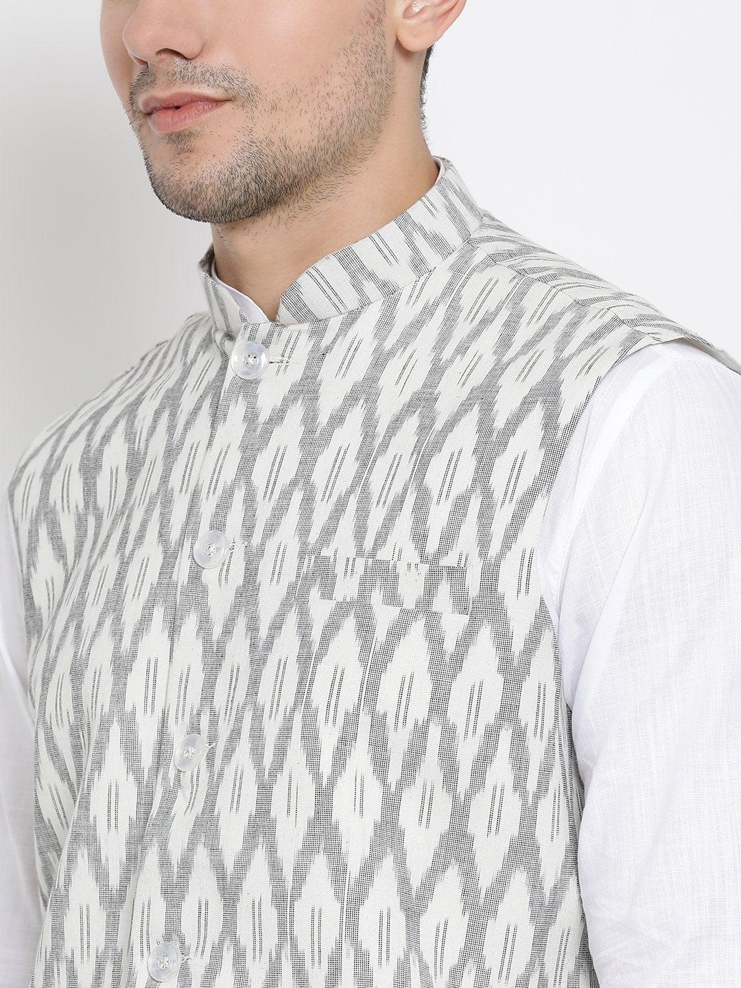 Men's White Cotton Kurta, Ethnic Jacket and Pyjama Set