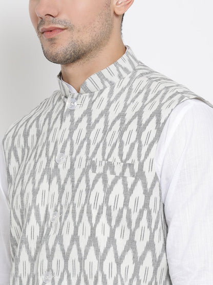 Men's White Cotton Kurta, Ethnic Jacket and Pyjama Set