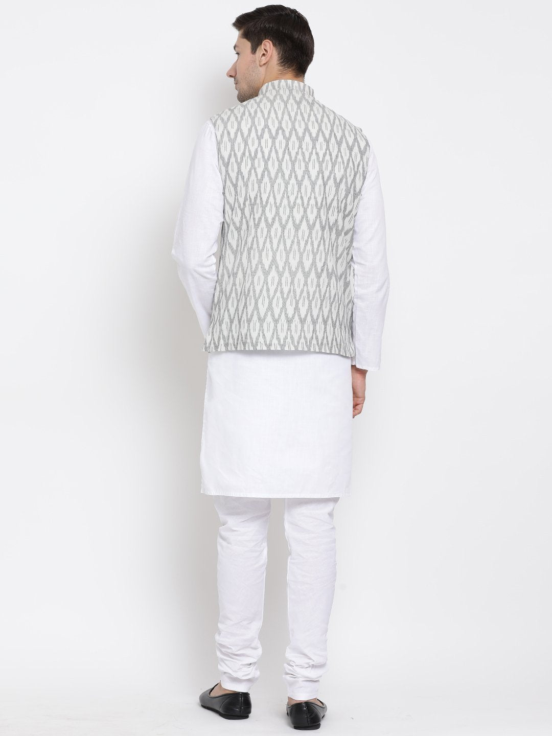 Men's White Cotton Kurta, Ethnic Jacket and Pyjama Set