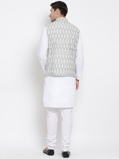 Men's White Cotton Kurta, Ethnic Jacket and Pyjama Set