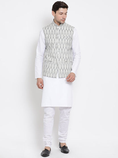 Men's White Cotton Kurta, Ethnic Jacket and Pyjama Set