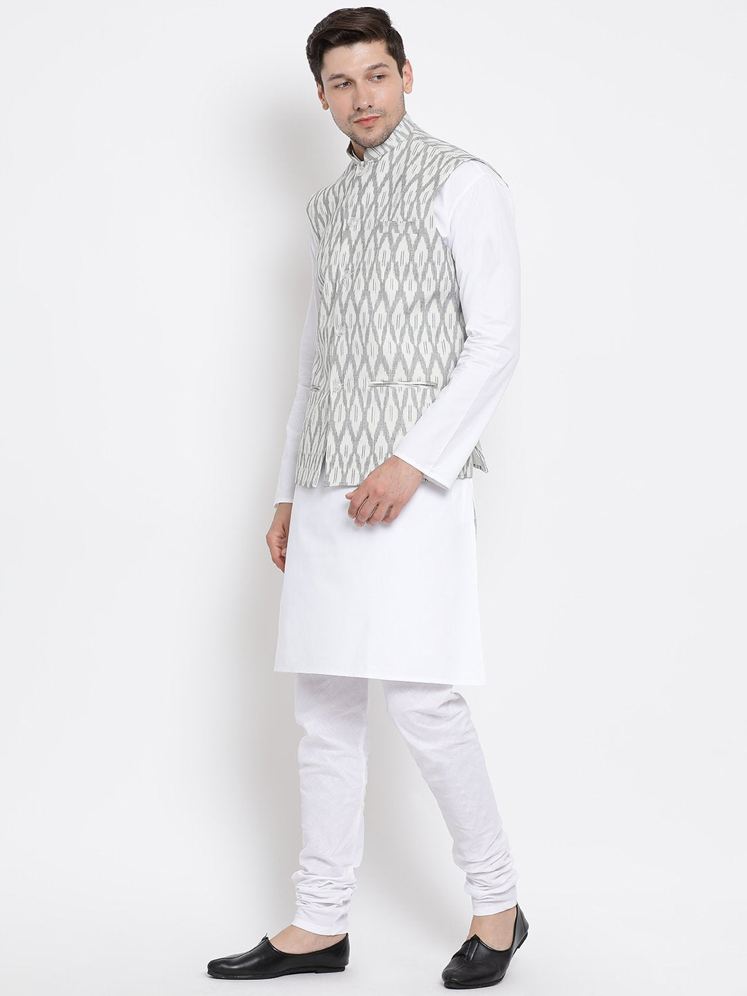 Men's White Cotton Kurta, Ethnic Jacket and Pyjama Set
