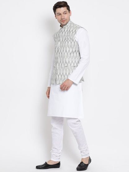 Men's White Cotton Kurta, Ethnic Jacket and Pyjama Set