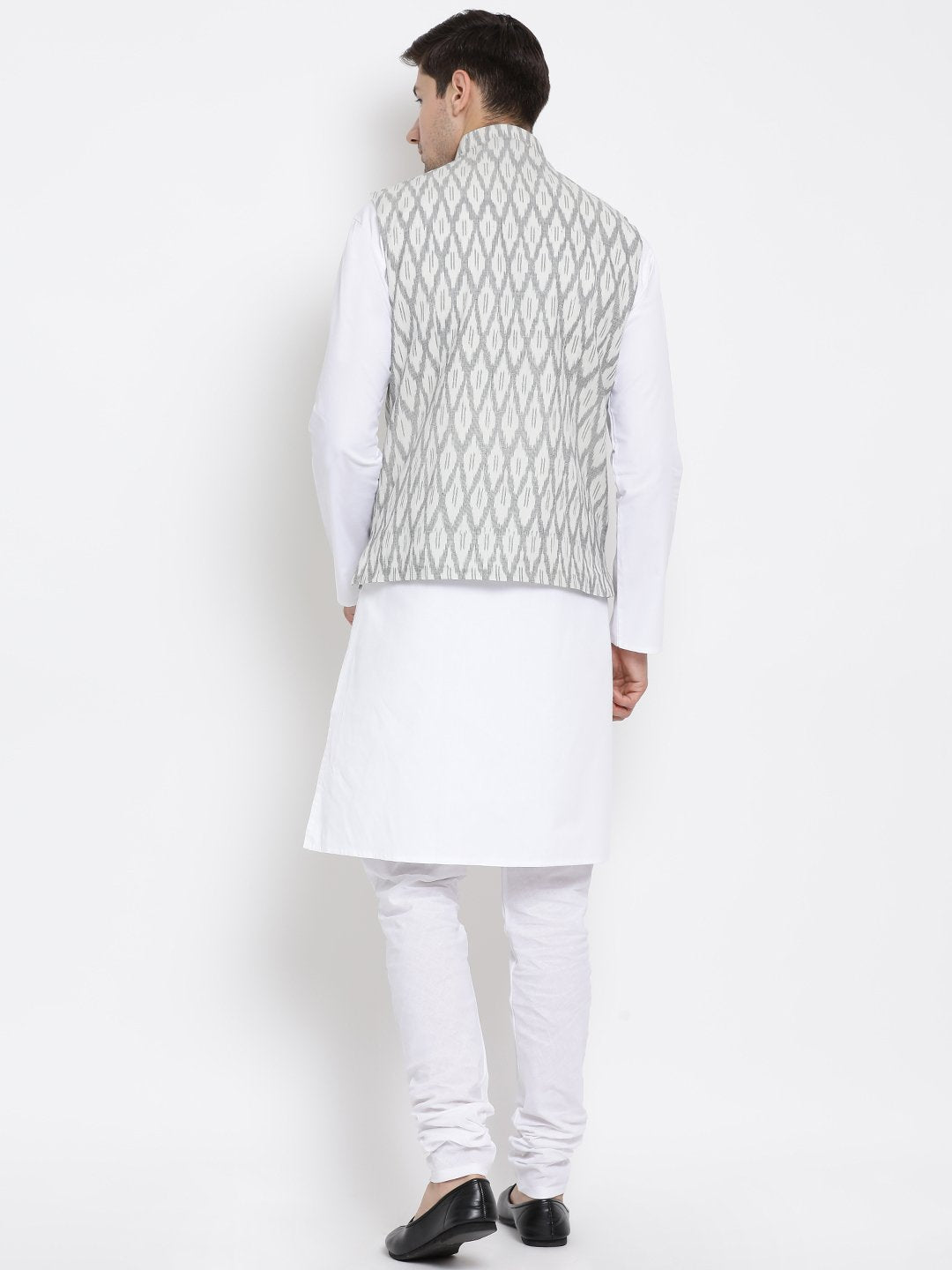 Men's White Cotton Kurta, Ethnic Jacket and Pyjama Set