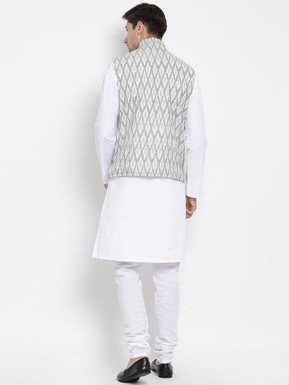 Men's White Cotton Kurta, Ethnic Jacket and Pyjama Set