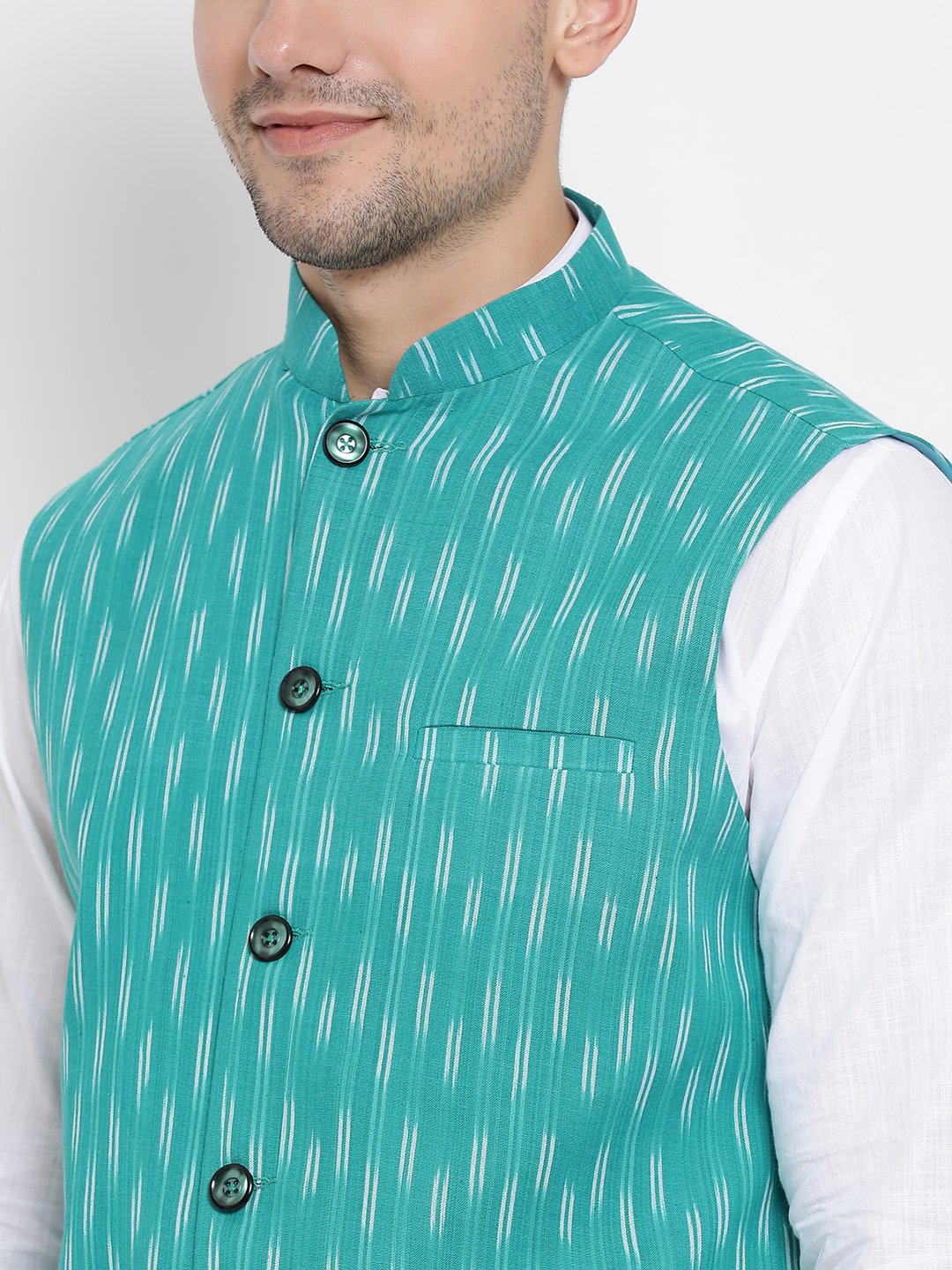 Men's White Cotton Kurta, Ethnic Jacket and Pyjama Set