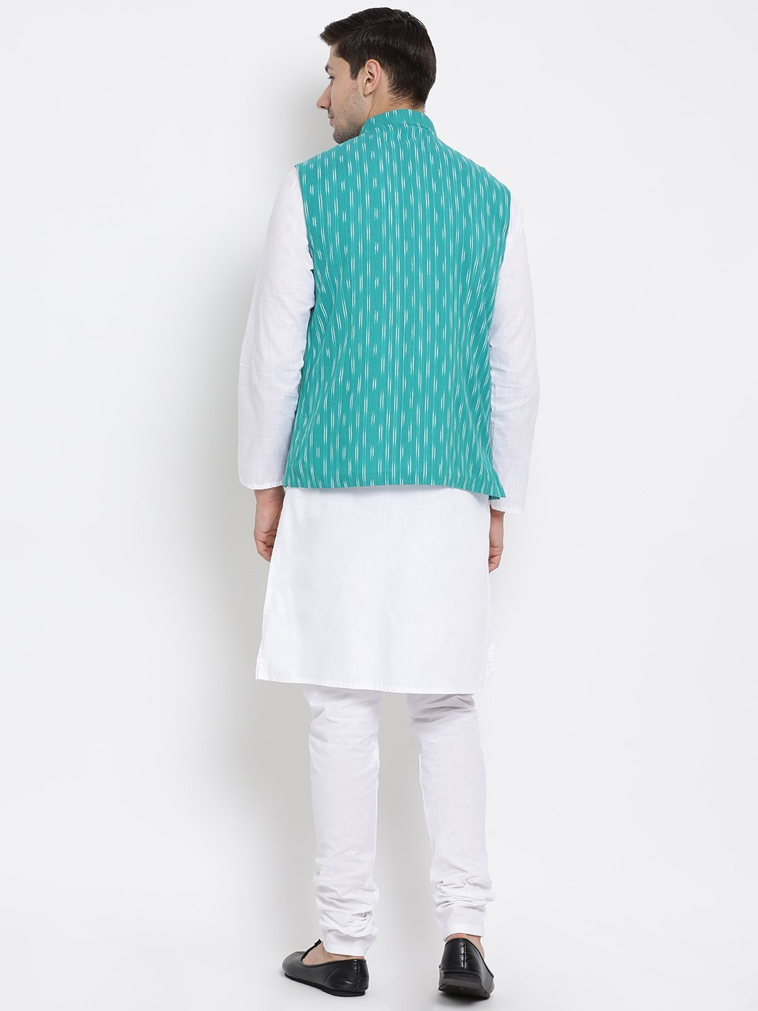 Men's White Cotton Kurta, Ethnic Jacket and Pyjama Set