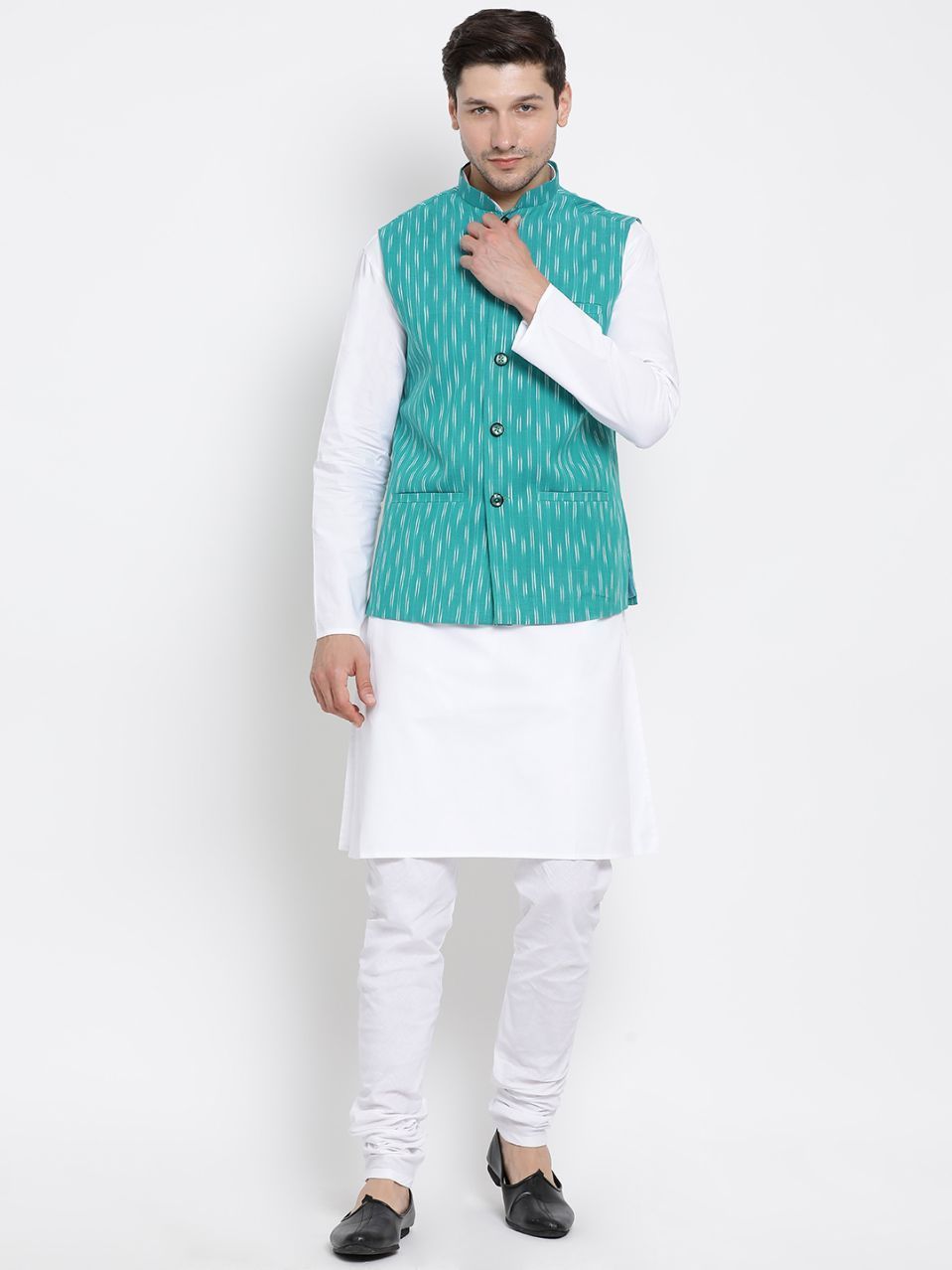 Men's White Cotton Kurta, Ethnic Jacket and Pyjama Set