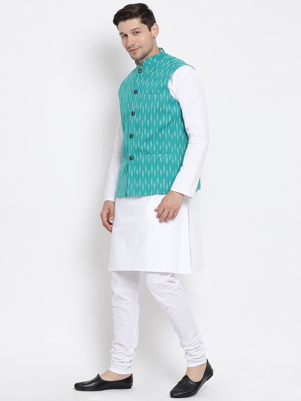 Men's White Cotton Kurta, Ethnic Jacket and Pyjama Set