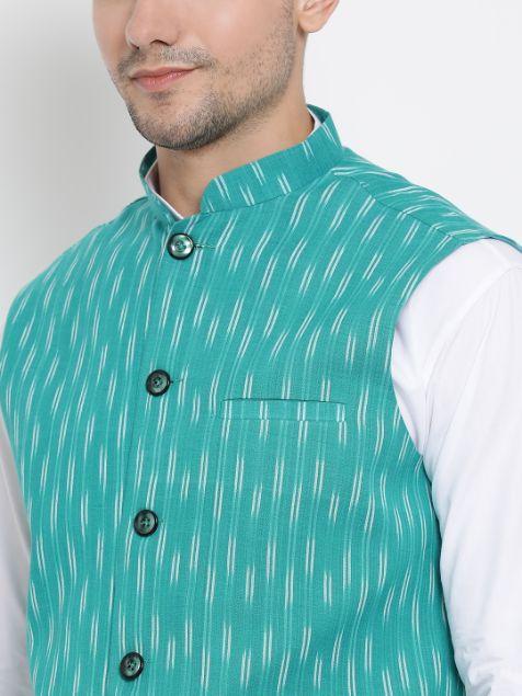 Men's White Cotton Kurta, Ethnic Jacket and Pyjama Set