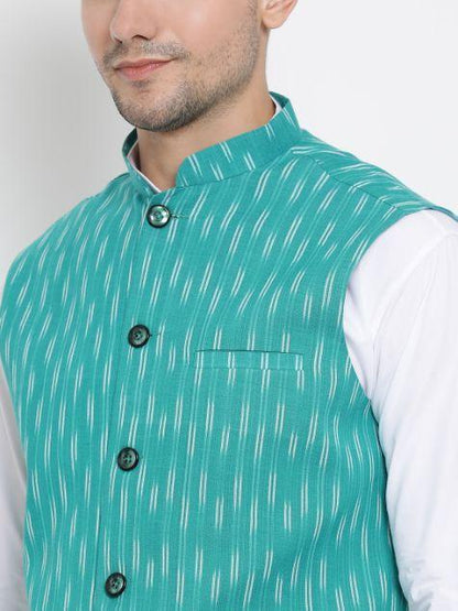 Men's White Cotton Kurta, Ethnic Jacket and Pyjama Set