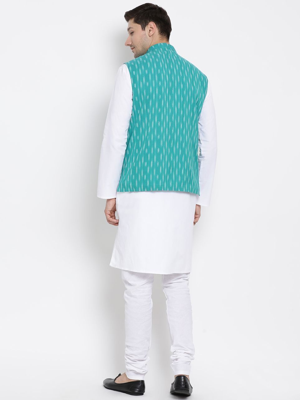 Men's White Cotton Kurta, Ethnic Jacket and Pyjama Set