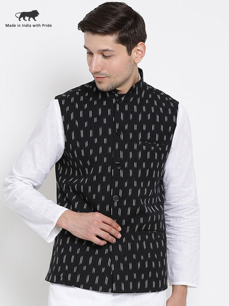 Men's Black Cotton Ethnic Jacket