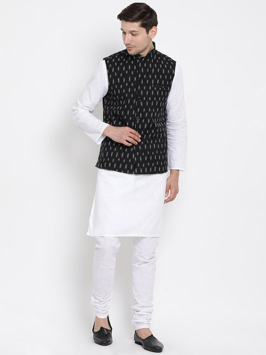 Men's White Cotton Kurta, Ethnic Jacket and Pyjama Set