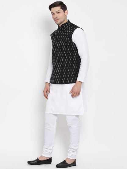 Men's White Cotton Kurta, Ethnic Jacket and Pyjama Set