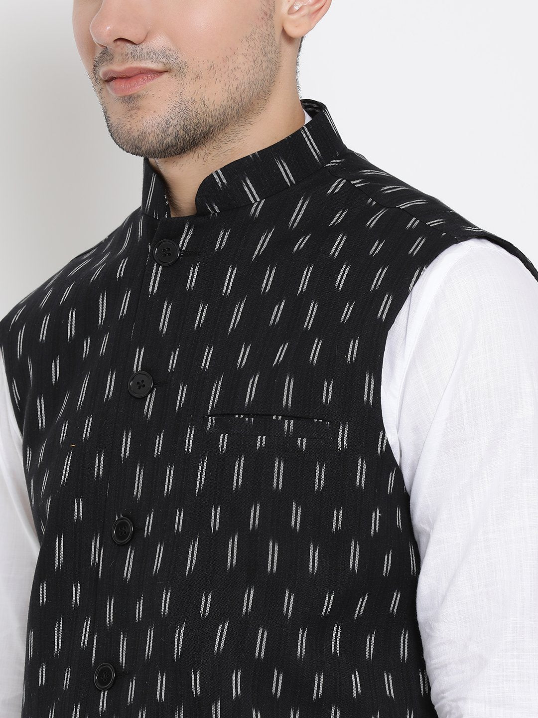 Men's White Cotton Kurta, Ethnic Jacket and Pyjama Set