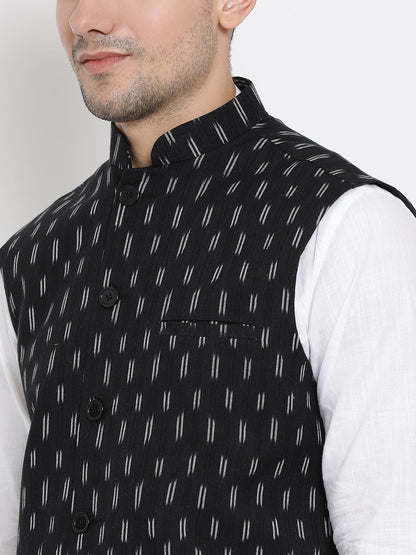 Men's White Cotton Kurta, Ethnic Jacket and Pyjama Set