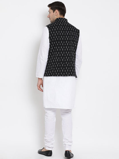 Men's White Cotton Kurta, Ethnic Jacket and Pyjama Set