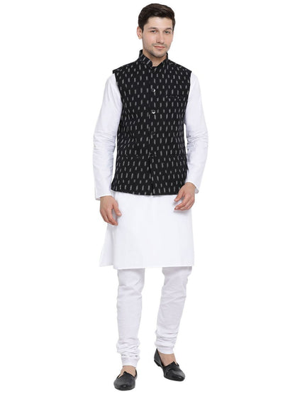 Men's White Cotton Kurta, Ethnic Jacket and Pyjama Set