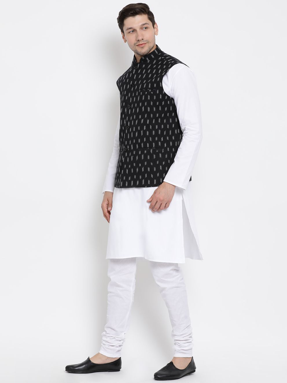 Men's White Cotton Kurta, Ethnic Jacket and Pyjama Set