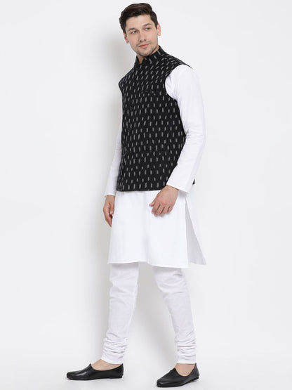 Men's White Cotton Kurta, Ethnic Jacket and Pyjama Set