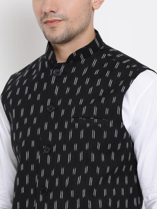 Men's White Cotton Kurta, Ethnic Jacket and Pyjama Set