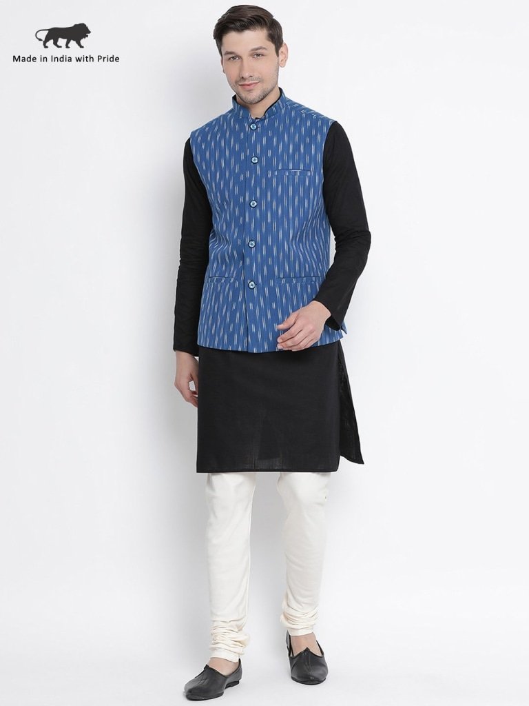 Men's Black Cotton  Kurta, Ethnic Jacket and Pyjama Set
