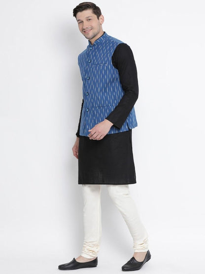Men's Black Cotton  Kurta, Ethnic Jacket and Pyjama Set
