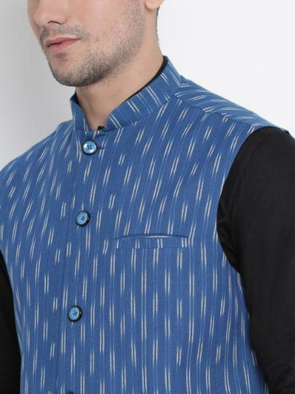 Men's Black Cotton  Kurta, Ethnic Jacket and Pyjama Set