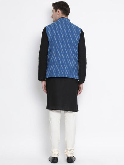 Men's Black Cotton  Kurta, Ethnic Jacket and Pyjama Set