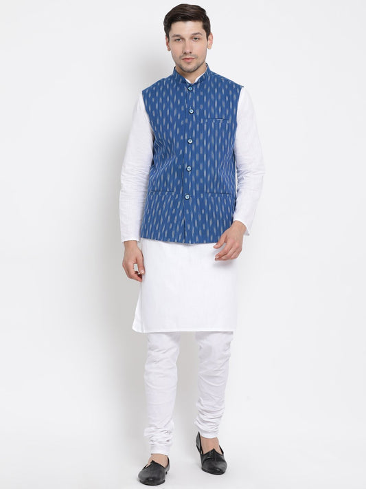 Men's White Cotton Kurta, Ethnic Jacket and Pyjama Set