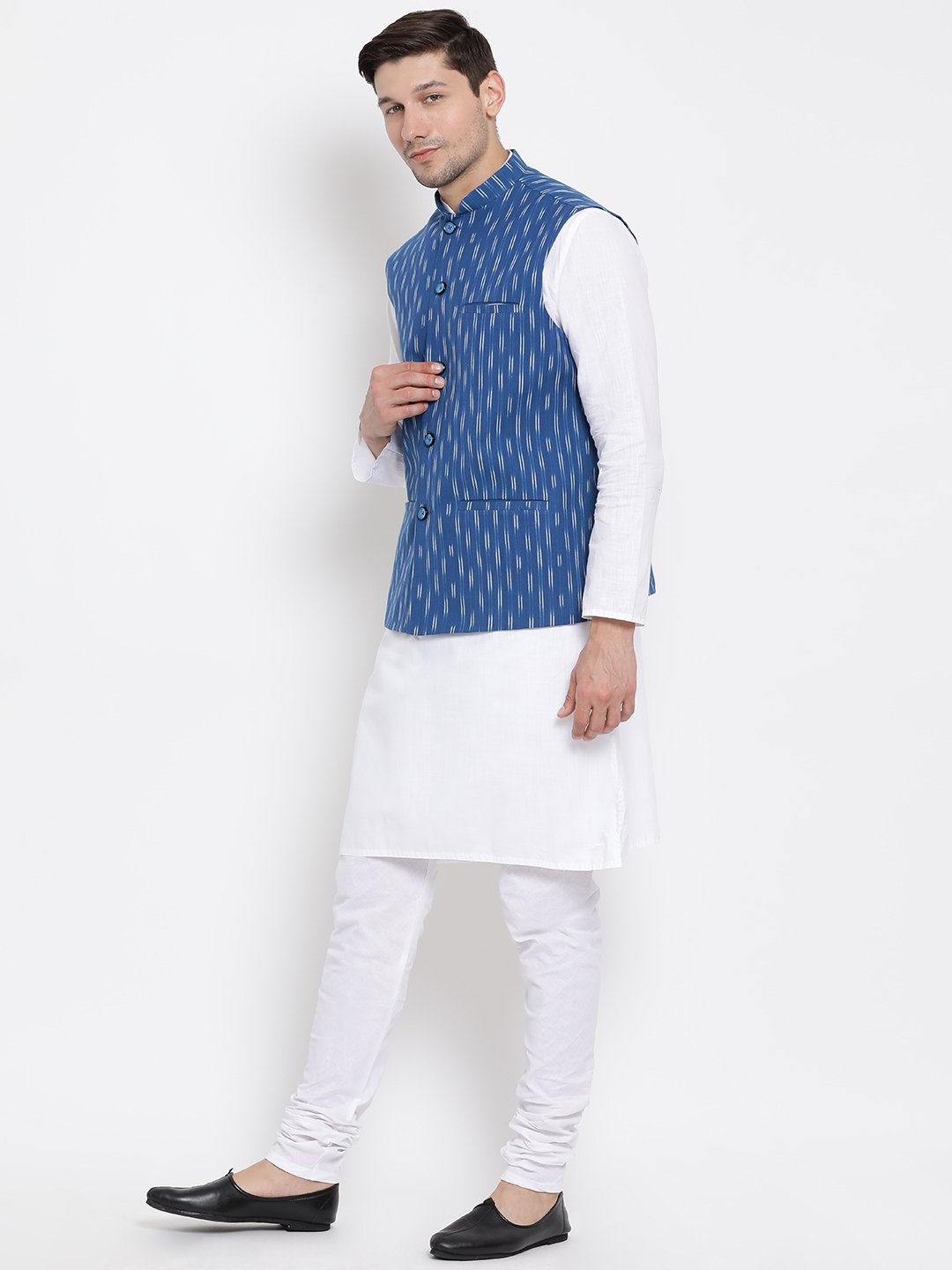 Men's White Cotton Kurta, Ethnic Jacket and Pyjama Set