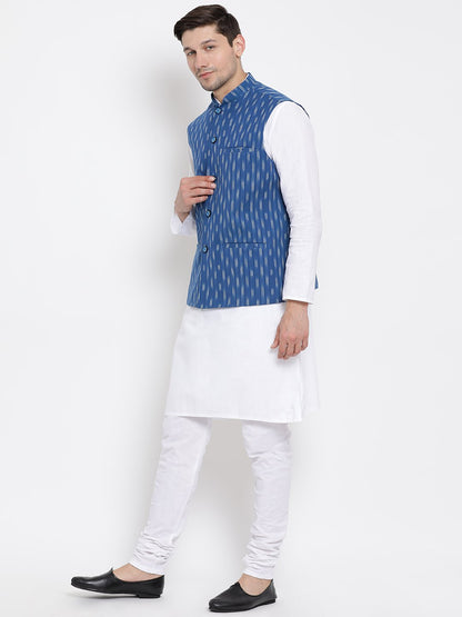 Men's White Cotton Kurta, Ethnic Jacket and Pyjama Set