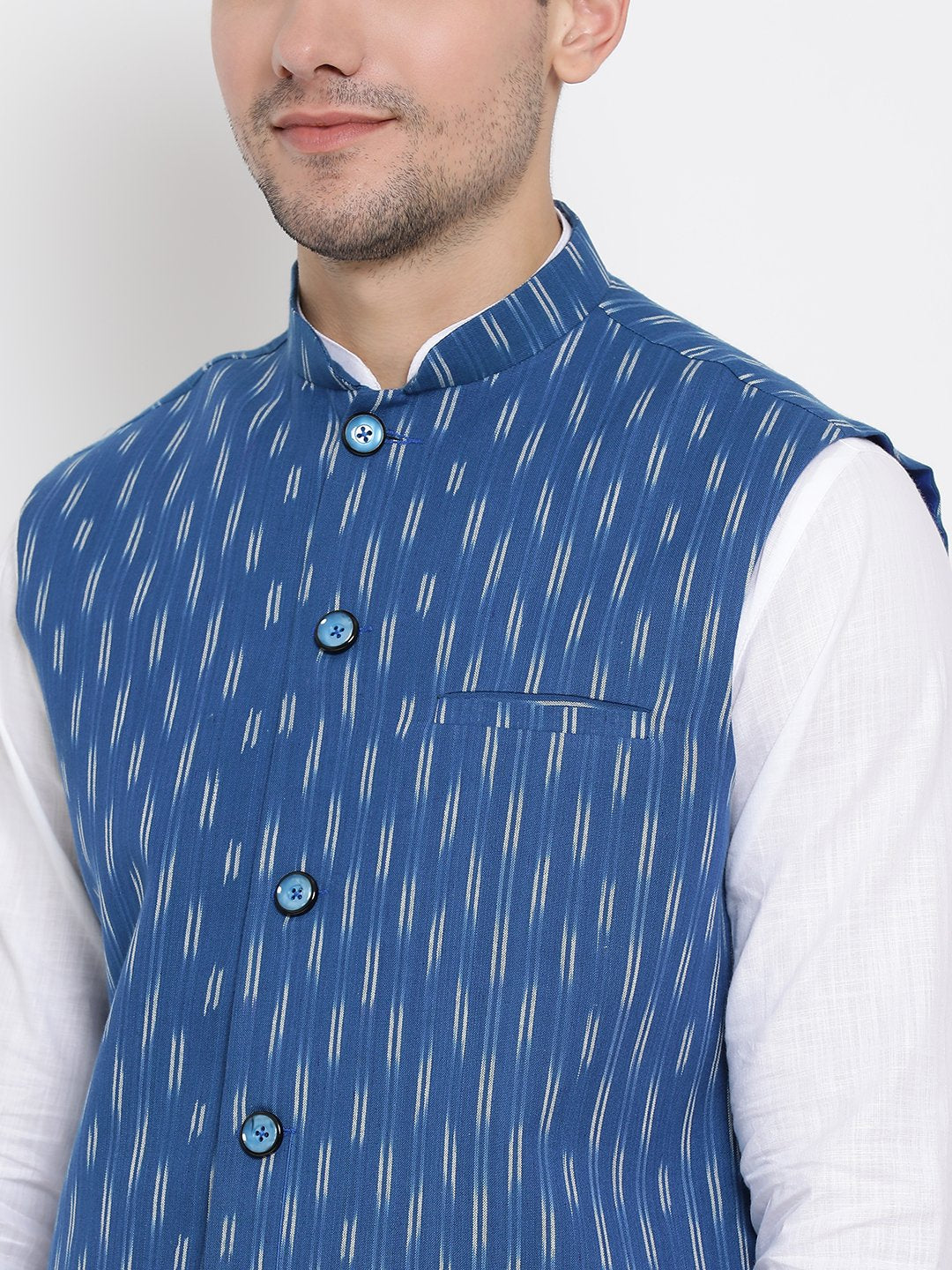 Men's White Cotton Kurta, Ethnic Jacket and Pyjama Set
