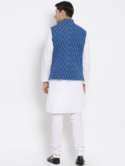 Men's White Cotton Kurta, Ethnic Jacket and Pyjama Set