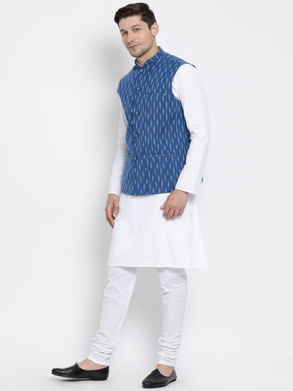 Men's White Cotton Kurta, Ethnic Jacket and Pyjama Set
