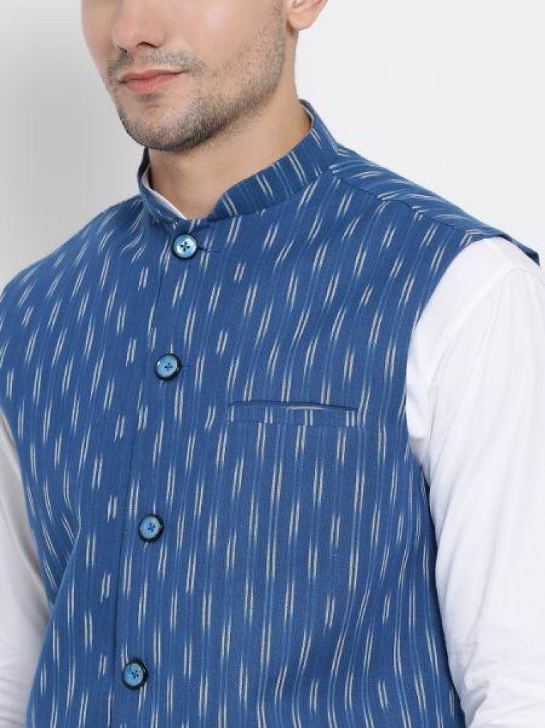Men's White Cotton Kurta, Ethnic Jacket and Pyjama Set