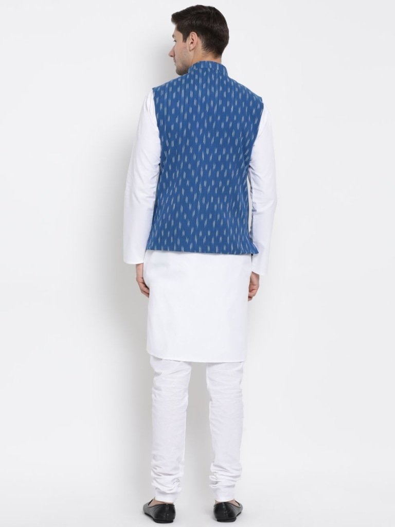 Men's White Cotton Kurta, Ethnic Jacket and Pyjama Set