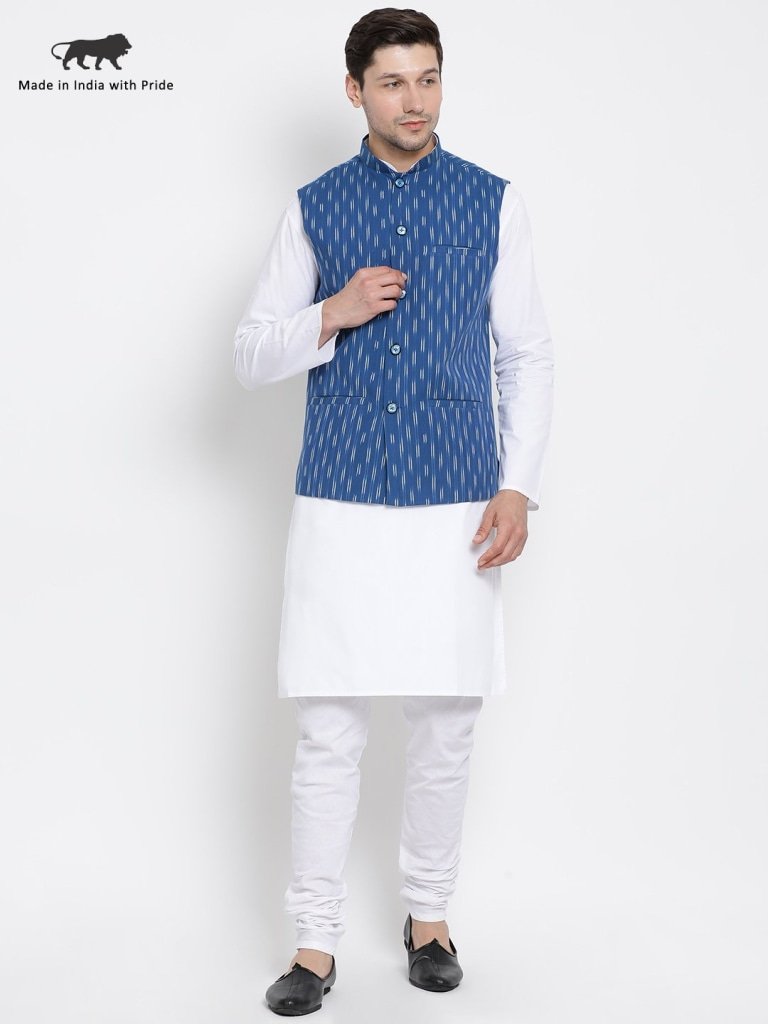 Men's White Cotton Kurta, Ethnic Jacket and Pyjama Set