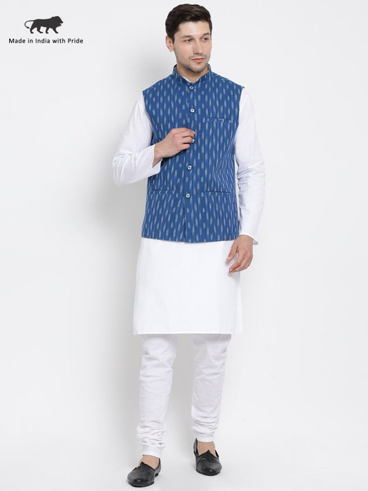 Men's White Cotton Kurta, Ethnic Jacket and Pyjama Set