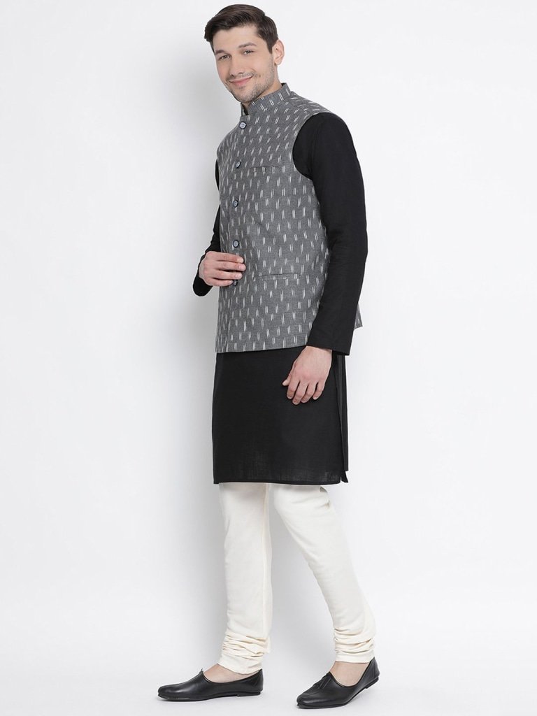 Men's Black Cotton  Kurta, Ethnic Jacket and Pyjama Set