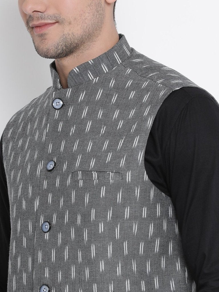 Men's Black Cotton  Kurta, Ethnic Jacket and Pyjama Set