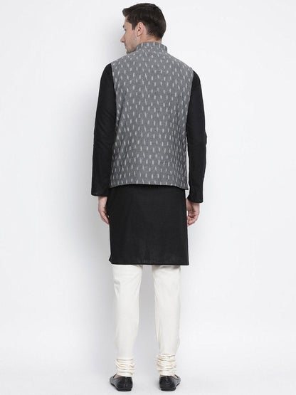 Men's Black Cotton  Kurta, Ethnic Jacket and Pyjama Set