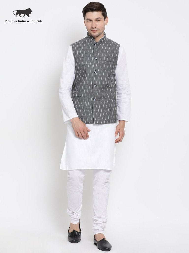 Men's White Cotton Kurta, Ethnic Jacket and Pyjama Set