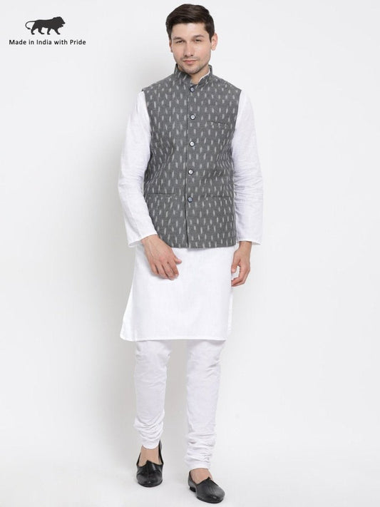 Men's White Cotton Kurta, Ethnic Jacket and Pyjama Set