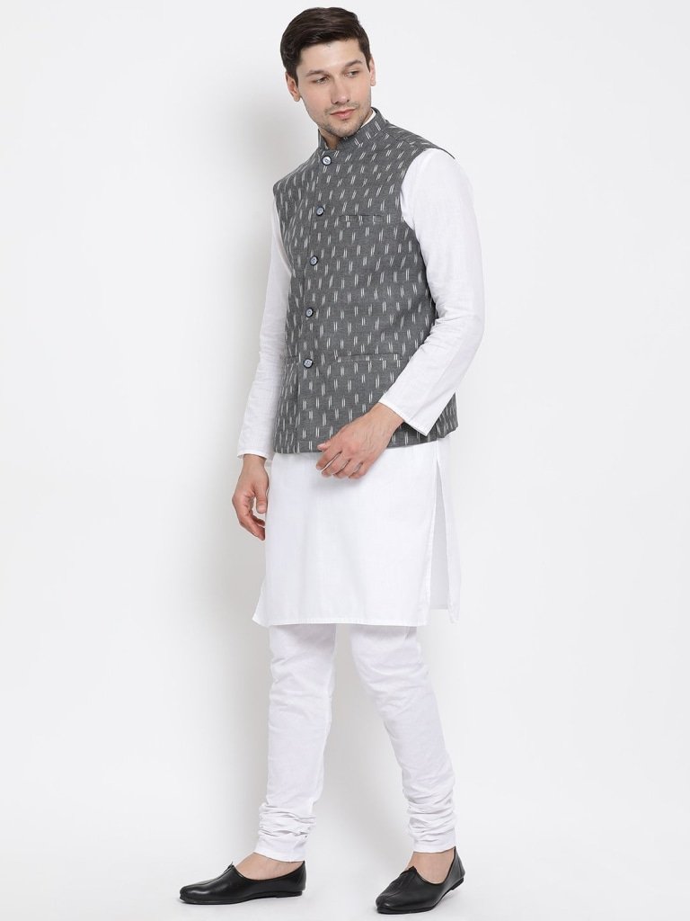 Men's White Cotton Kurta, Ethnic Jacket and Pyjama Set