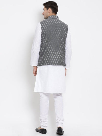 Men's White Cotton Kurta, Ethnic Jacket and Pyjama Set