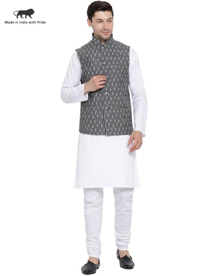 Men's White Cotton Kurta, Ethnic Jacket and Pyjama Set