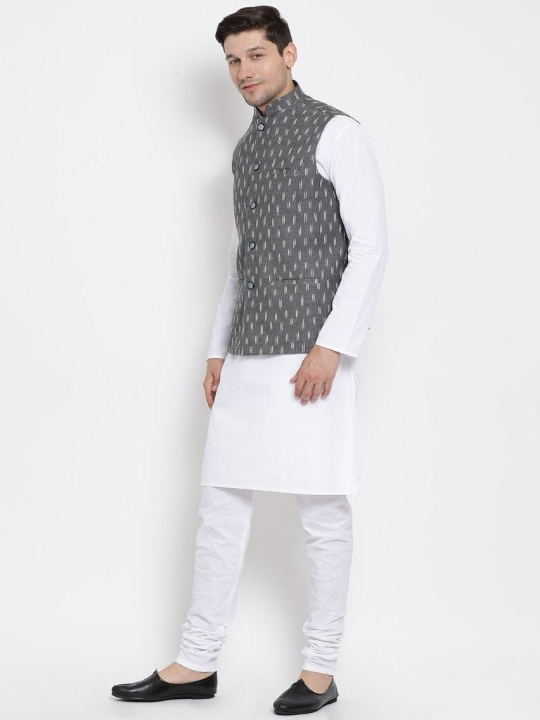 Men's White Cotton Kurta, Ethnic Jacket and Pyjama Set