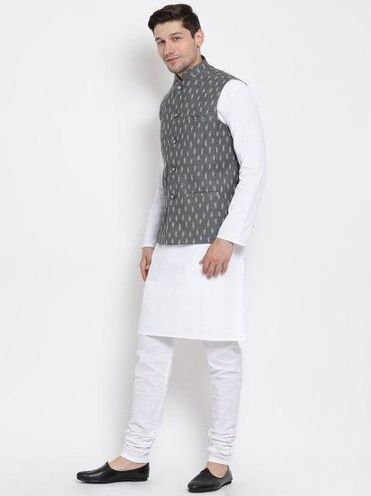 Men's White Cotton Kurta, Ethnic Jacket and Pyjama Set